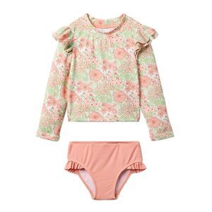 Janie And Jack Girls  Recycled Floral Ruffle Rashguard Swimsuit, Pink